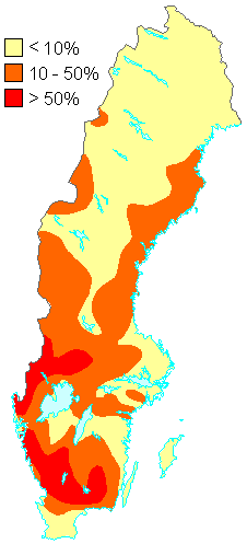 percentage of acidification of lakes in Sweden - 1990