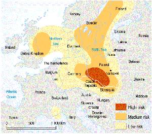the risk of acid rain in Europe in 1993